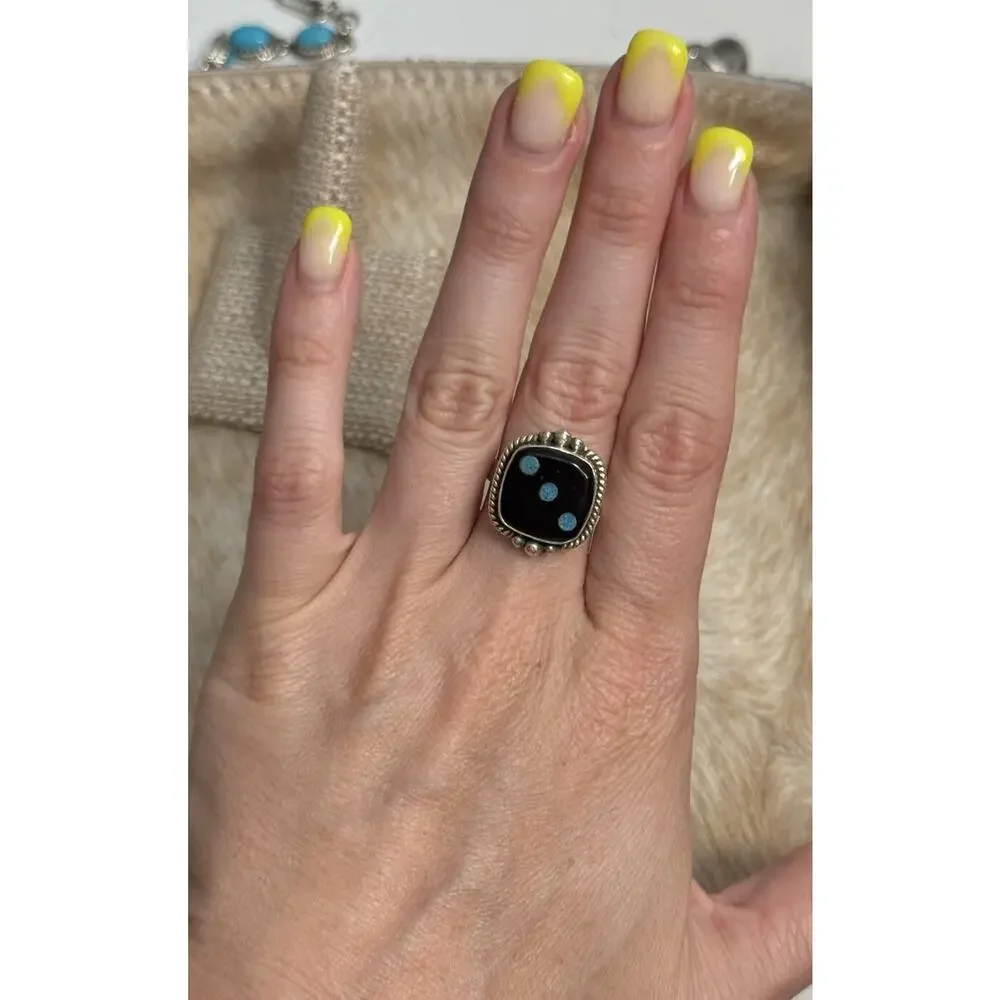 Native American SW Sterling Silver Carved Onyx Black Opal Dice Ring 3 Gamble